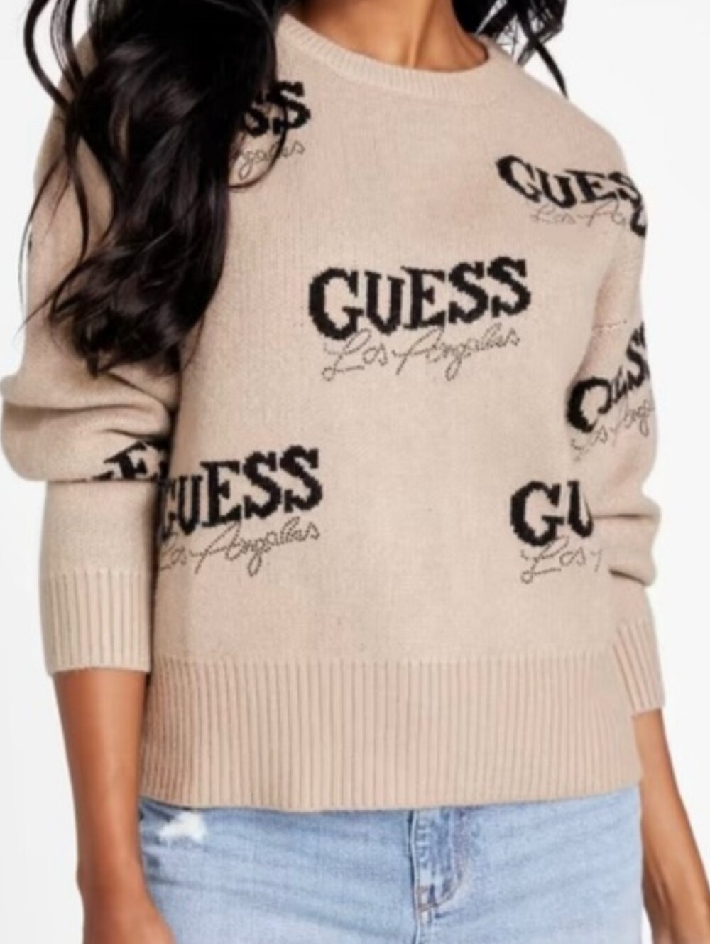 GUESS Los Angeles Logo Knit Sweater Beige Crewneck Pullover